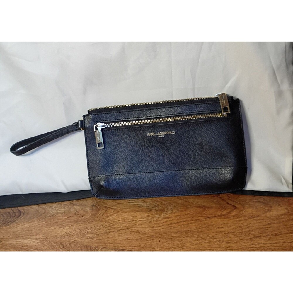 Karl Lagerfeld Paris Black Wristlet Clutch Wallet 10x6 Gold Zip